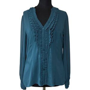 Worthington Brand Teal Blue Sheer Ruffled Blouse 100% Polyester Women's Size L